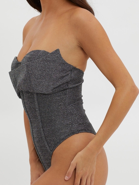 Kaylee Kollection Tops - Strapless Glitter One-Piece Body Suit in Dark Gray